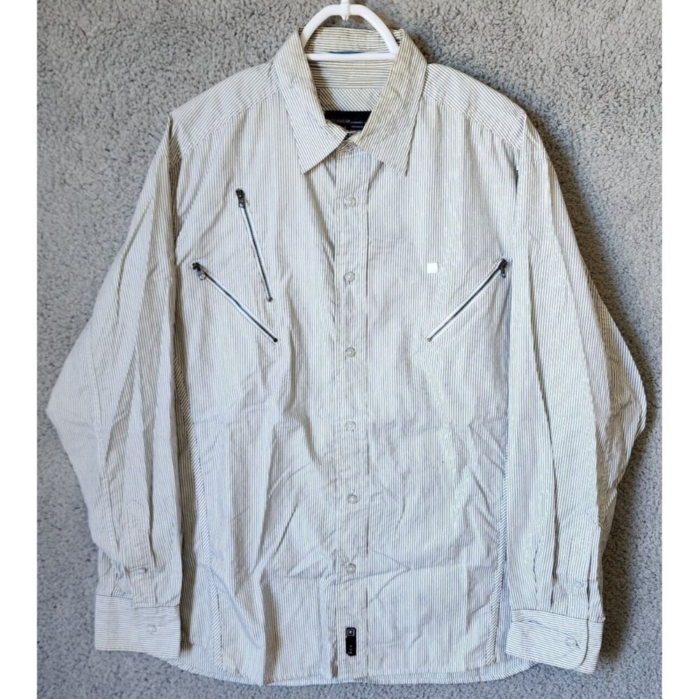 VTG Rocawear Hip Hop Striped Zipper Pockets Long Sleeve Button Shirt Size L